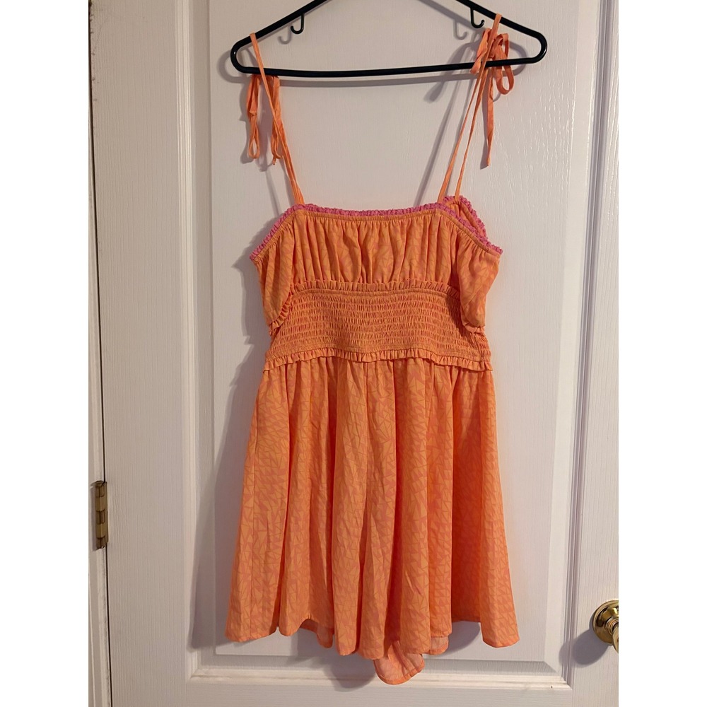 BP Nordstrom Orange Pink Geometric Smocked Tie Shoulder Romper‎ Womens Small